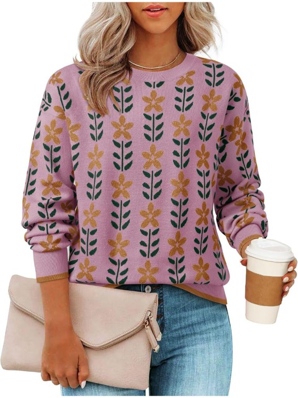 Women's Pink Long Sleeve Crewneck Printed Knitted Oversized Pullover Sweaters